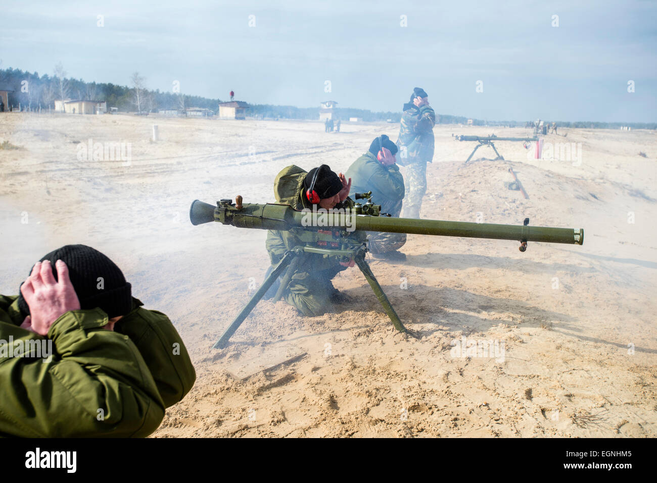 Cadets shoot a SPG recoilless gun during firing training with SPG recoilless guns and Kalashnikov guns at the 169th Training center of Ukrainian Ground Forces, biggest military training formation in Ukraine, at Desna closed cantonment town, Ukraine. 25 of February. Photo by Oleksandr Rupeta Stock Photo