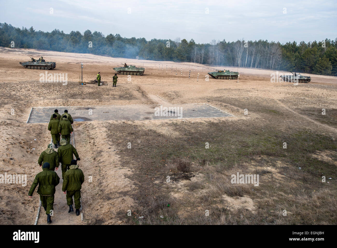 Cadets prepare for training at armed vehicles proving ground at the 169th Training center of Ukrainian Ground Forces, biggest military training formation in Ukraine, at Desna closed cantonment town, Ukraine. 25 of February. Photo by Oleksandr Rupeta Stock Photo