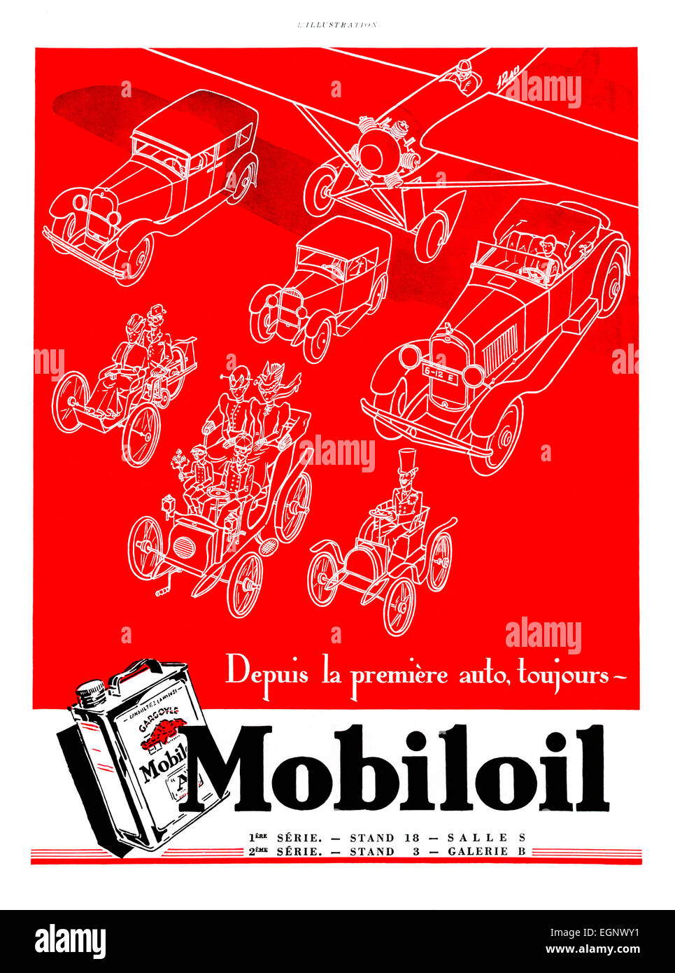 1930 advert for “Mobil” oil from French “L’Illustration” magazine. Stock Photo