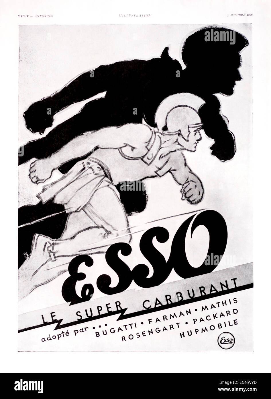 1930 advert for “Esso” petrol from French “L’Illustration” magazine. Stock Photo