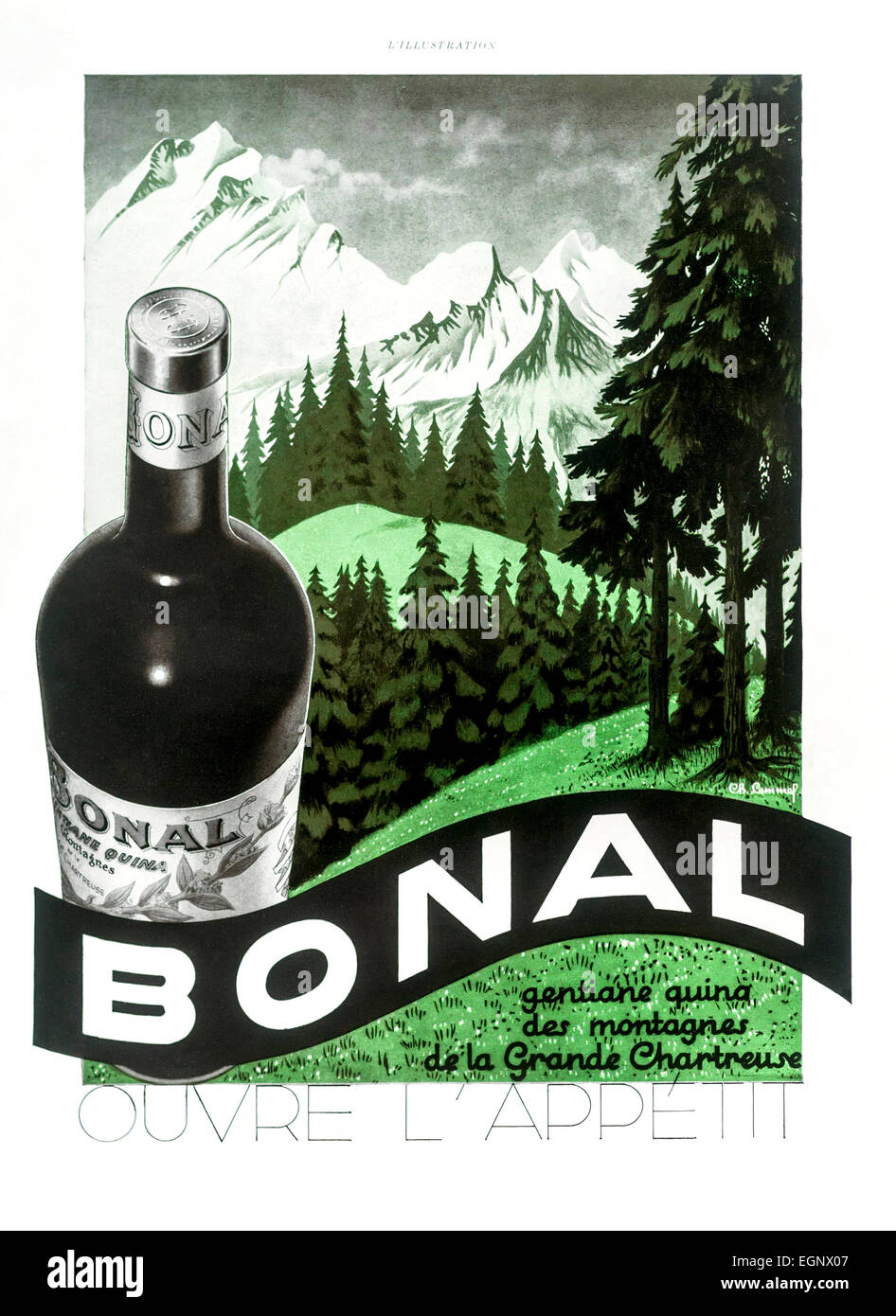 1930 advert for “Bonal” chartreuse alcoholic drink from French “L’Illustration” magazine. Stock Photo