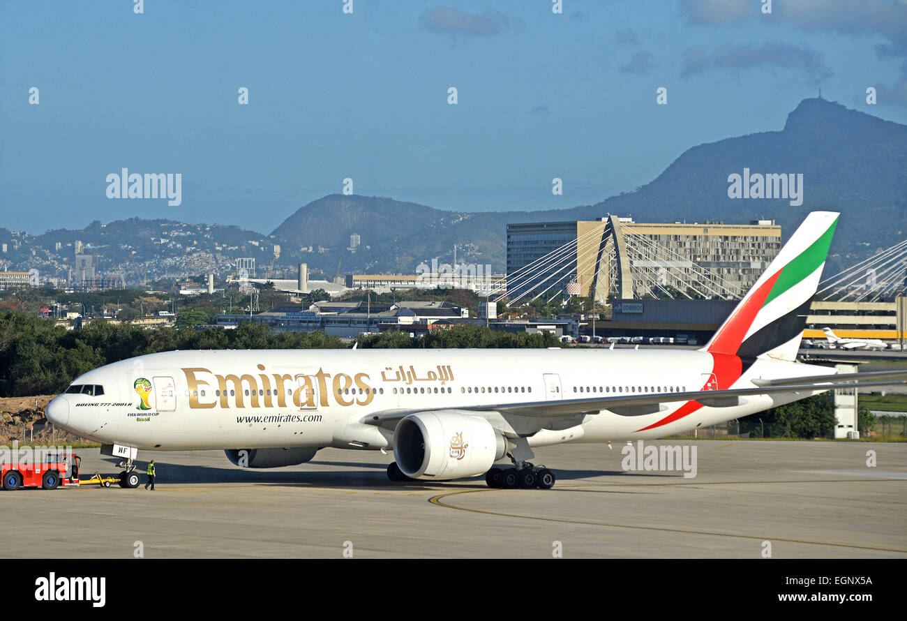 Boeing 777 of Emirates airlines in Galeao international airport Rio de Janeiro Brazil Stock Photo