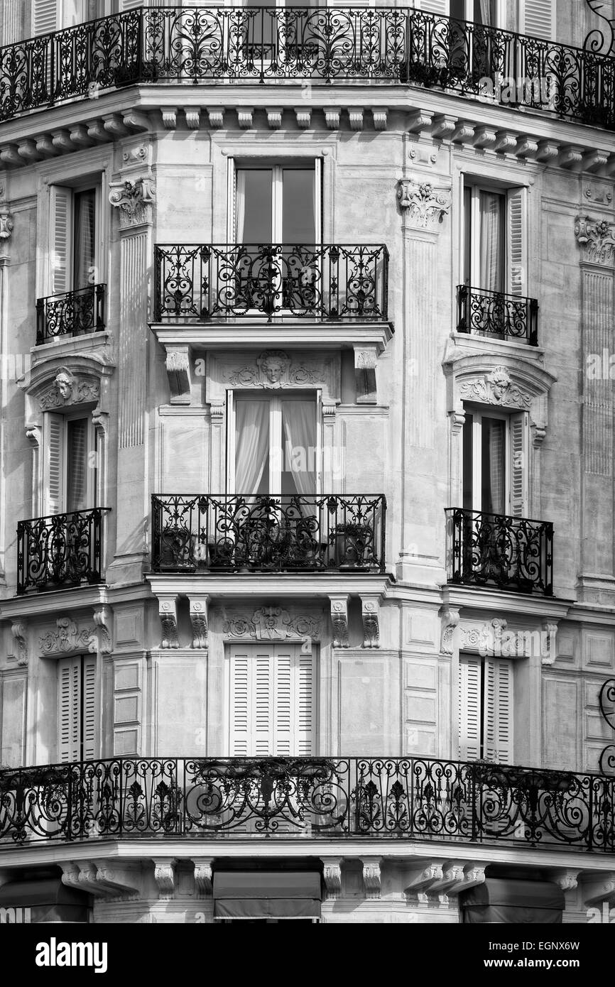 Traditional Facade in Paris. Black & White Stock Photo