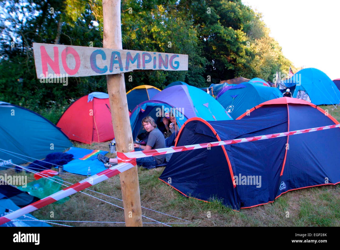 No Camping Sign, Glastonbury Festival, Pilton, Somerset, Britain - 28th June 2003. Stock Photo