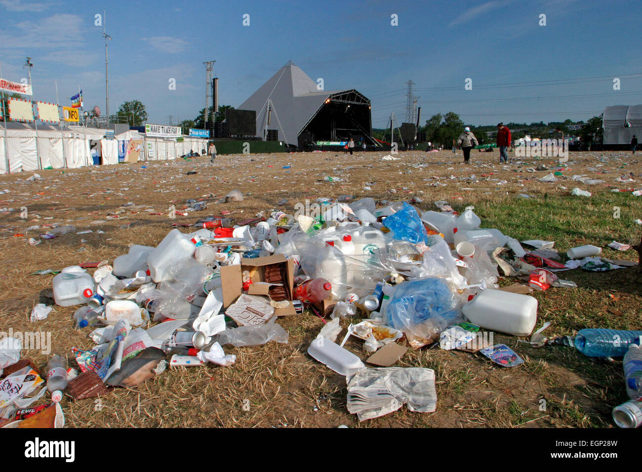 Litter around The Pyramid Stage after the Event, Glastonbury Music Festival, Pilton, Somerset, Britain - 29th June 2003 Stock Photo