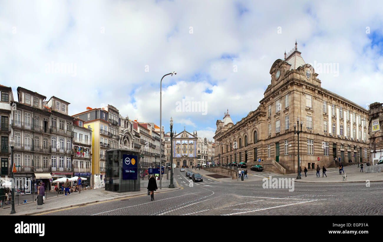 View of the Almeida Garret Square with the Sao Bento railway station and Congregados Church at the back Stock Photo