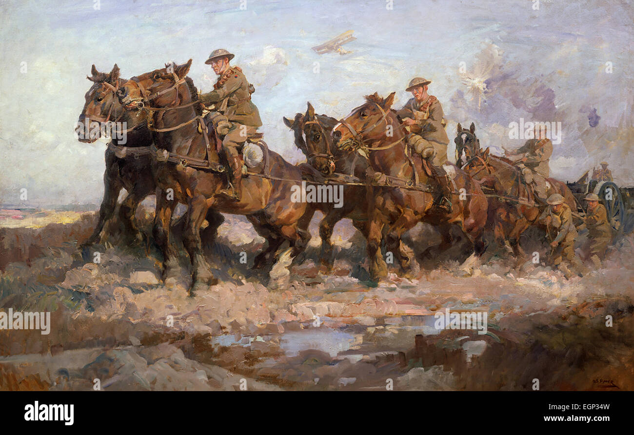 BRINGING UP THE GUNS Painted in 1917 by Australian War Artist Harold  Power showing 101st Australian Battery at the Battle of Passchendale Stock Photo