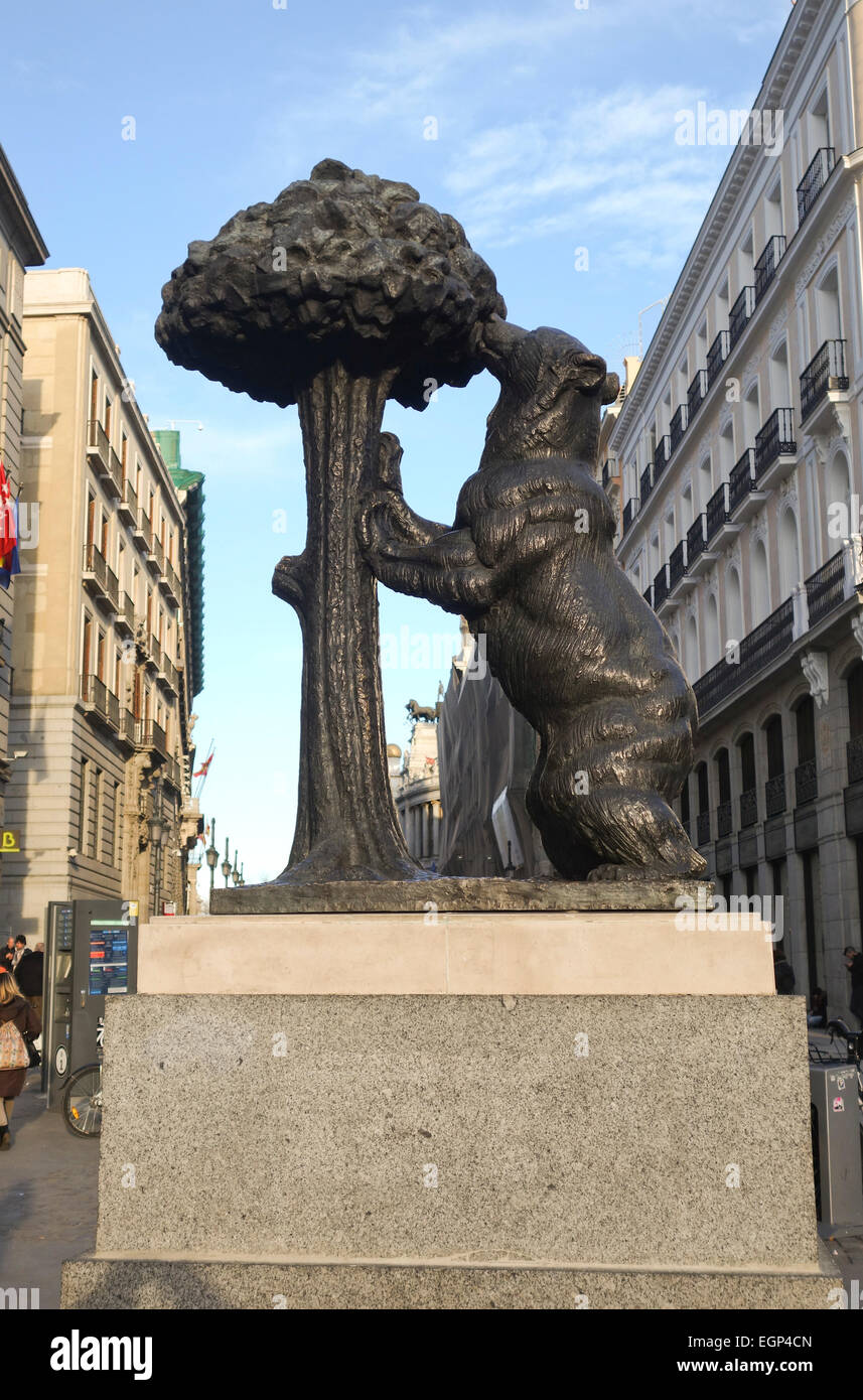 Puerta del Sol square,, Statue of the Bear and Strawberry Tree, heraldic symbol of Madrid, Spain. Stock Photo