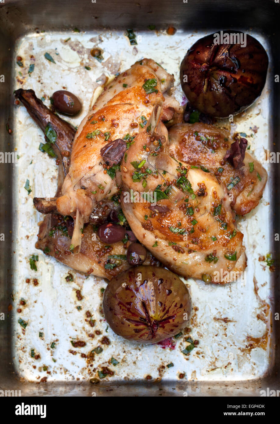 Roast Chicken with Figs and Olives Stock Photo