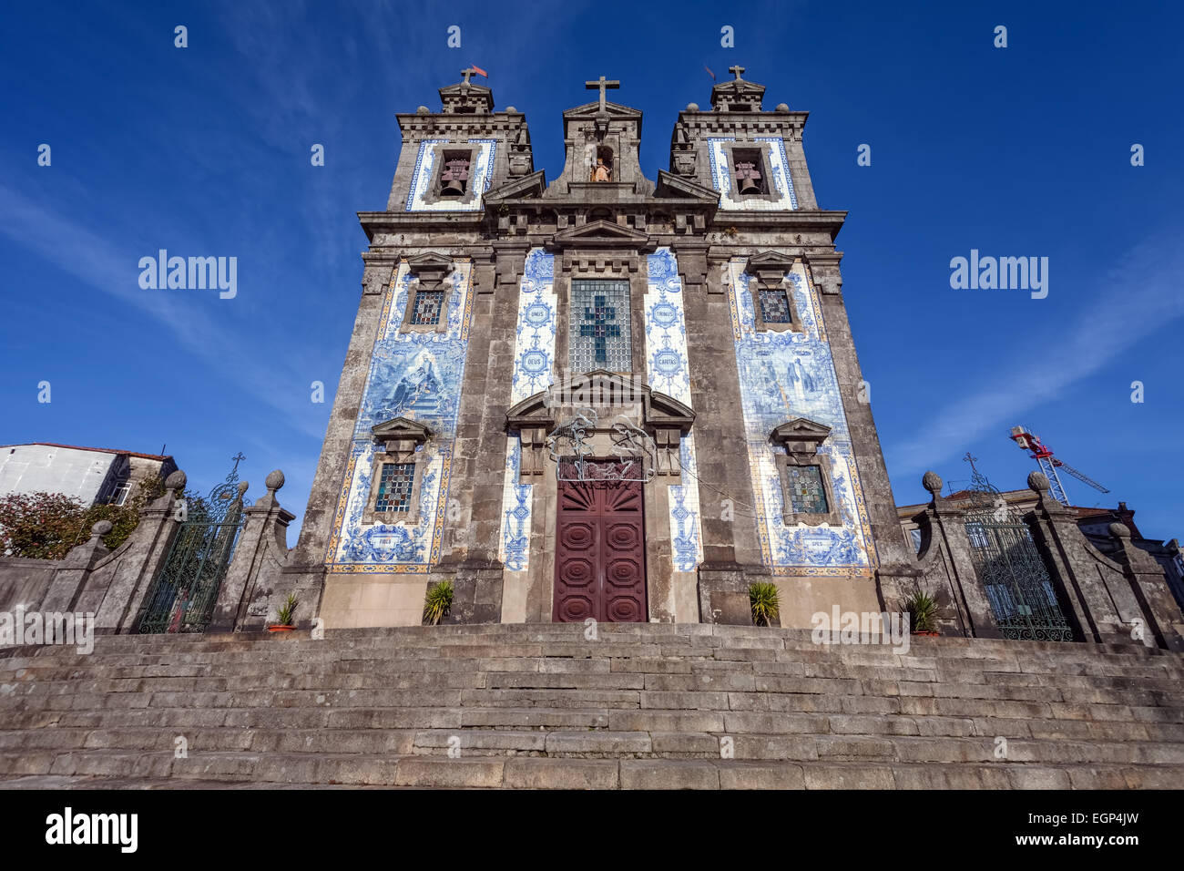 Santo Ildefonso Church in the city of Porto, Portugal. 18th century Baroque architecture, covered with Portuguese blue tiles Stock Photo