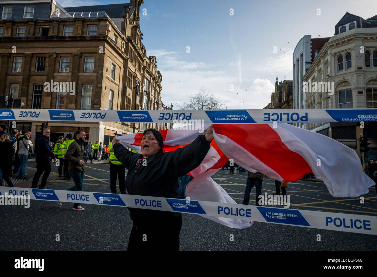 Newcastle, UK. 28th February, 2015. Around 400 supporters of Pegida UK held protest at Bigg Market in central Newcastle today. The organisation says it is separate from Pegida in Germany, which has attracted tens of thousands of people at its marches there, although a German representative has come here to make a speech. Despite the fact that rally was peaceful police has made few arrest. 28th Feb, 2015. Credit:  Velar Grant/ZUMA Wire/ZUMAPRESS.com/Alamy Live News Stock Photo
