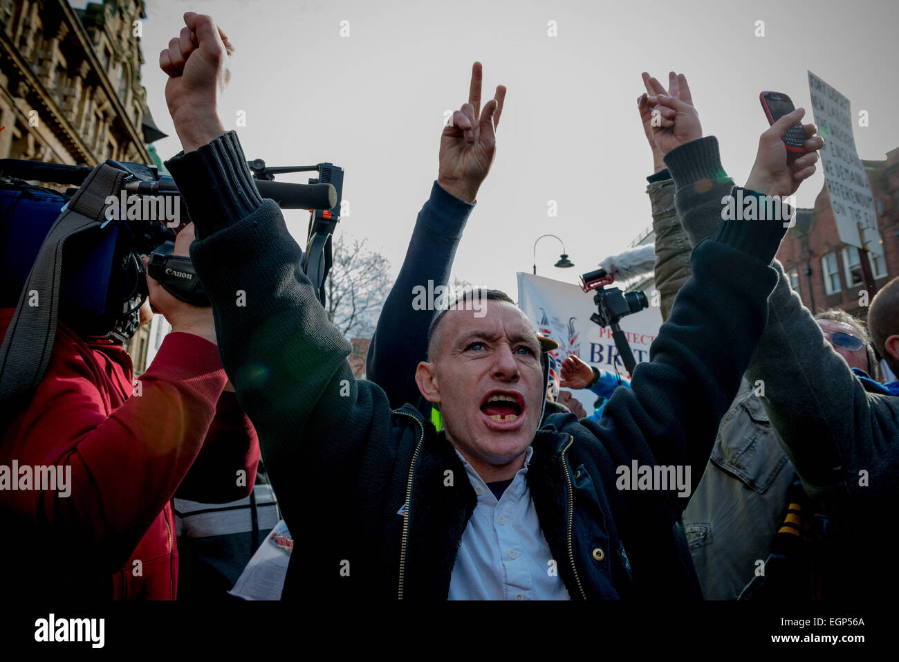 Newcastle, UK. 28th February, 2015. Around 400 supporters of Pegida UK ...