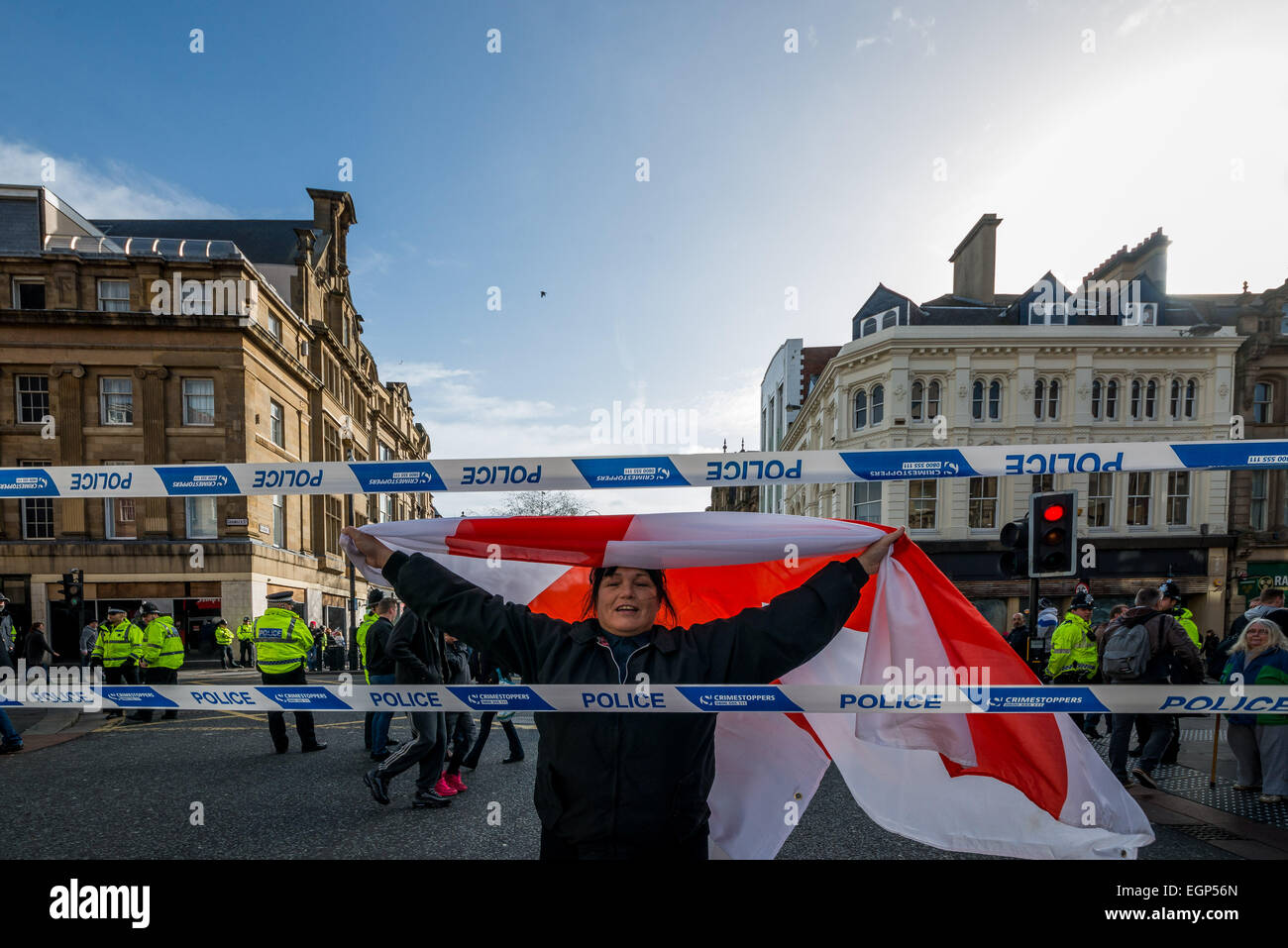 Newcastle, UK. 28th February, 2015. Around 400 supporters of Pegida UK held protest at Bigg Market in central Newcastle today. The organisation says it is separate from Pegida in Germany, which has attracted tens of thousands of people at its marches there, although a German representative has come here to make a speech. Despite the fact that rally was peaceful police has made few arrest. 28th Feb, 2015. Credit:  Velar Grant/ZUMA Wire/ZUMAPRESS.com/Alamy Live News Stock Photo