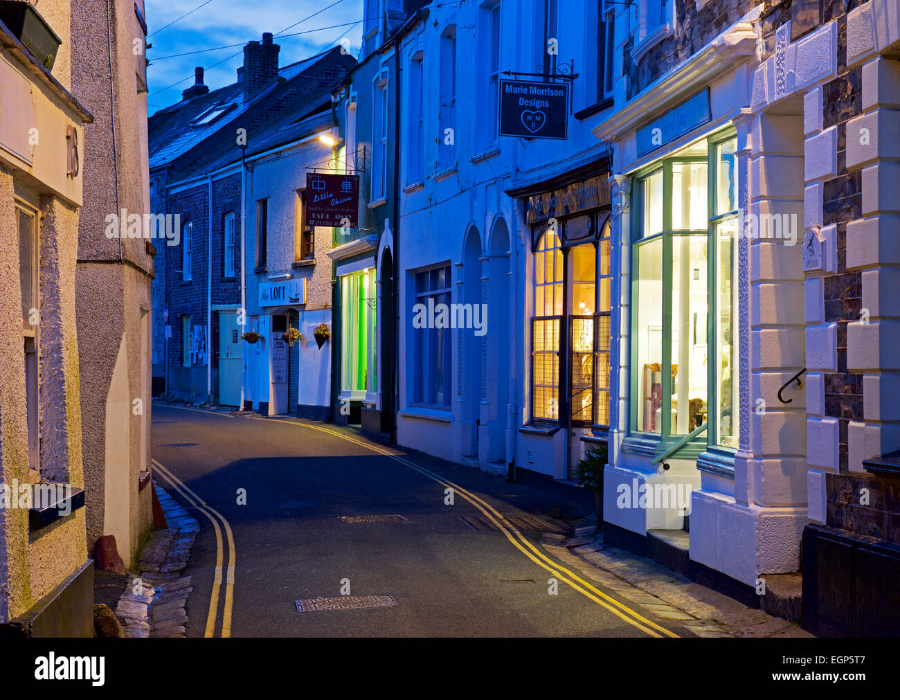 Narrow street in Mevagissey, Cornwall, England UK Stock Photo