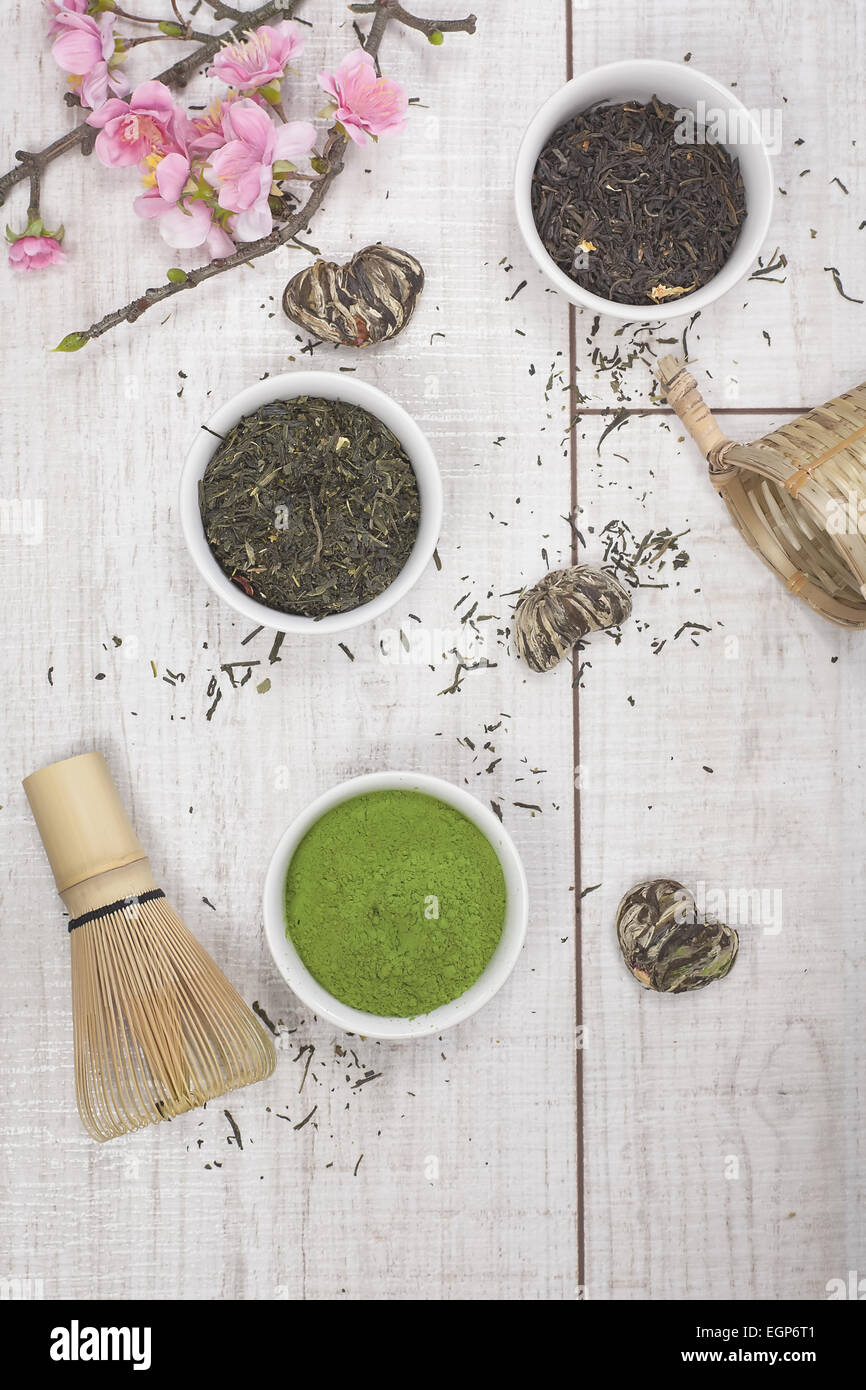 Green Tea. Different types of Japanese green tea leaves and powder