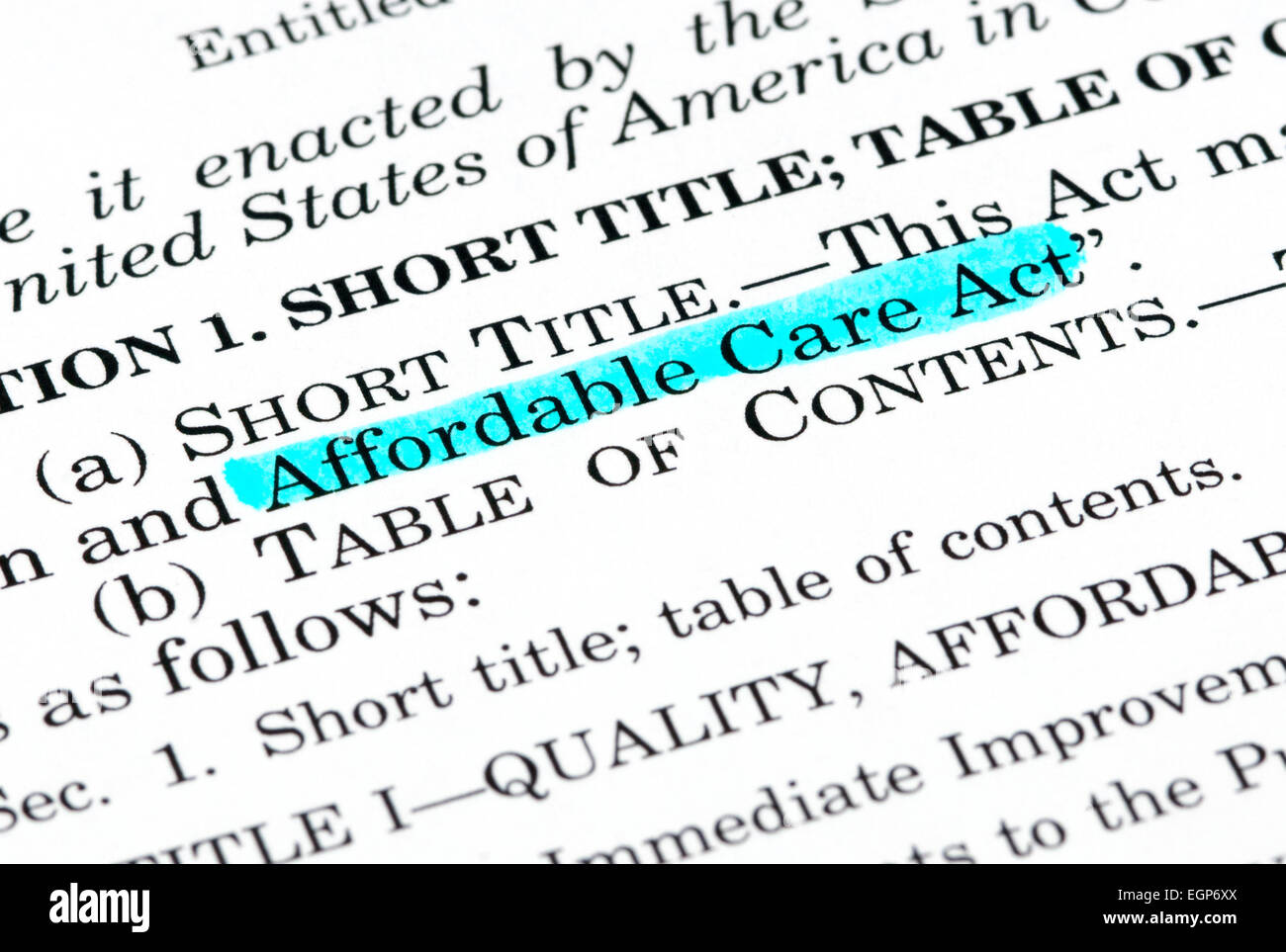 Words 'Affordable Care Act' highlighted within the Affordable Care Act document Stock Photo