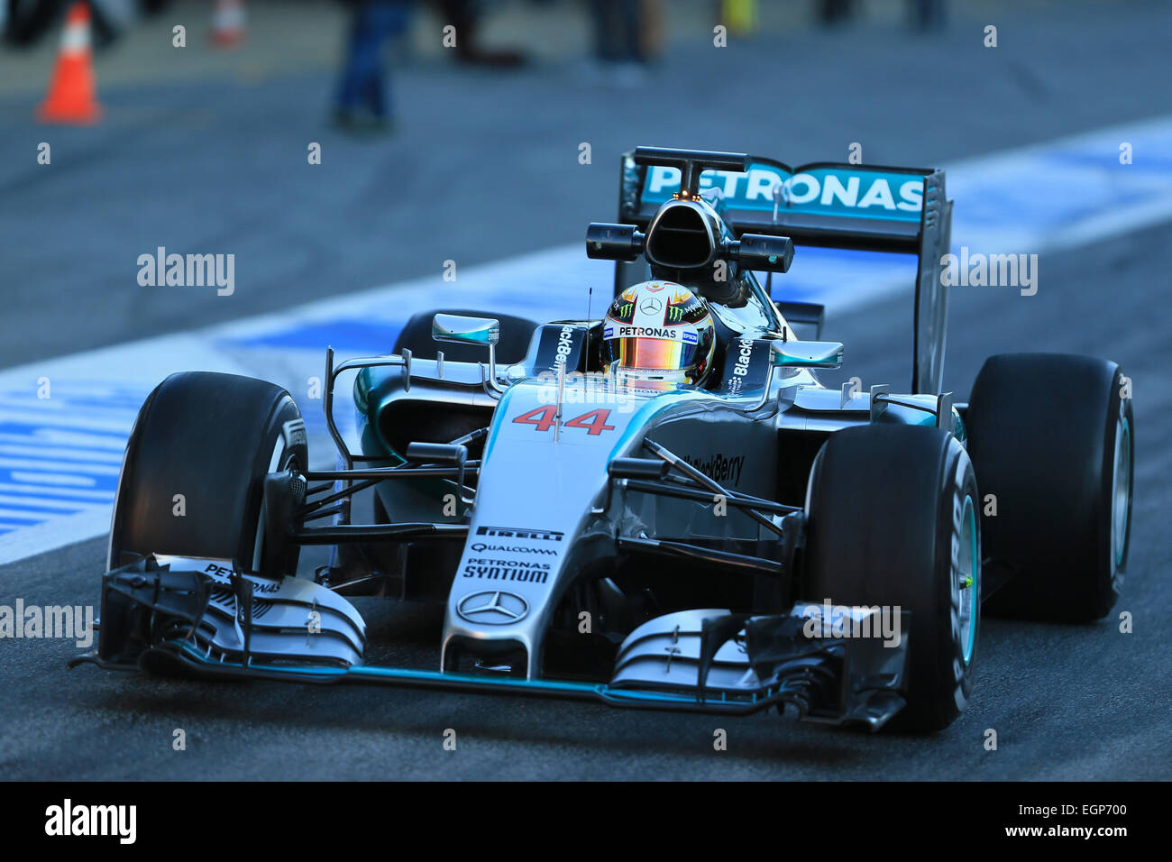 Barcelona, Spain. 28th Feb, 2015. F1 winter testing at Circuit de Barcelona. Lewis Hamilton of Mercedes AMG Petronas F1 team takes control on the 3rd day of the test at BCN Credit:  Action Plus Sports/Alamy Live News Stock Photo