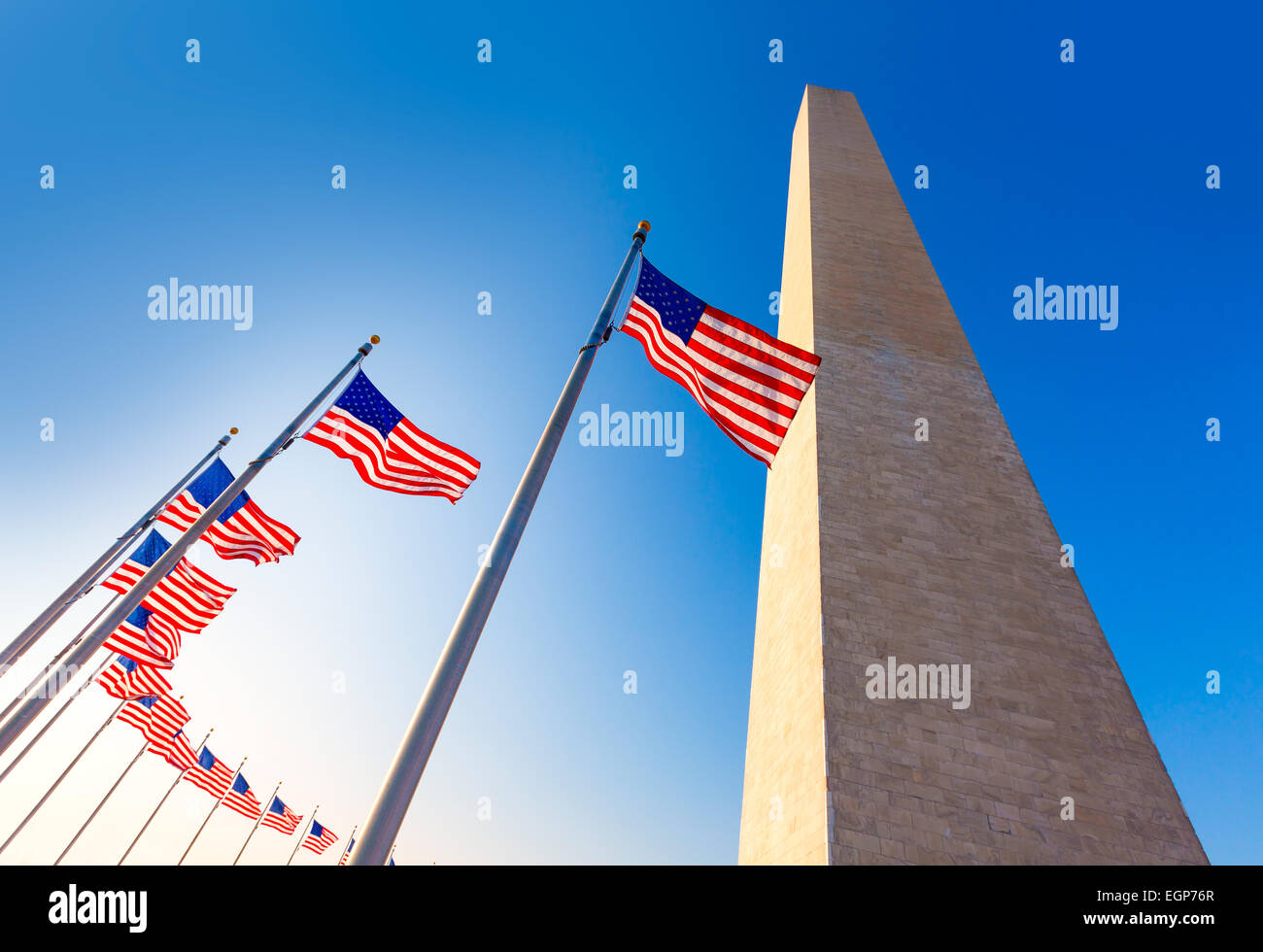 Washington Monument and american flags in District of Columbia DC USA Stock Photo