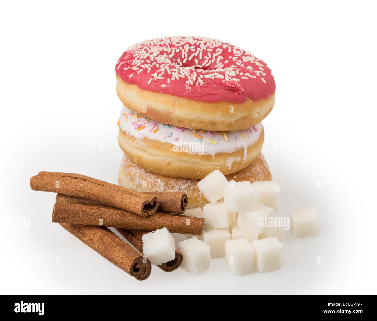 donut, sugar, cinnamon isolated on white background Stock Photo