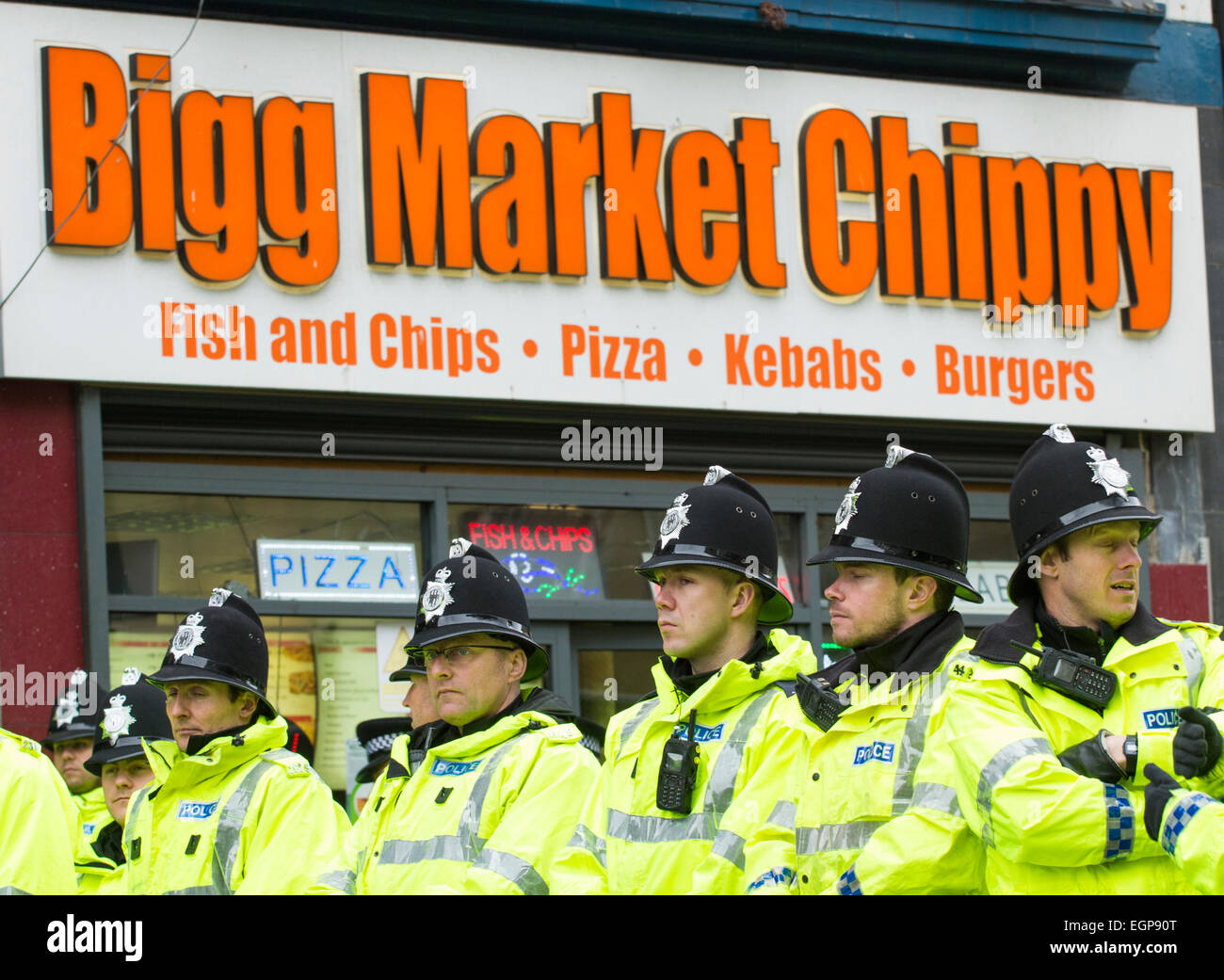 Newcastle upon Tyne, UK. 28th February, 2015. Large Police presence at first UK protest by Pegida UK, a group opposed to the 'Islamisation of Europe'. The protest was held in The Bigg Market area of Newcastle city centre, while a counter protest organised by Newcastle Unites was held less than a hundred metres away in Newgate Street Credit:  ALANDAWSONPHOTOGRAPHY/Alamy Live News Stock Photo