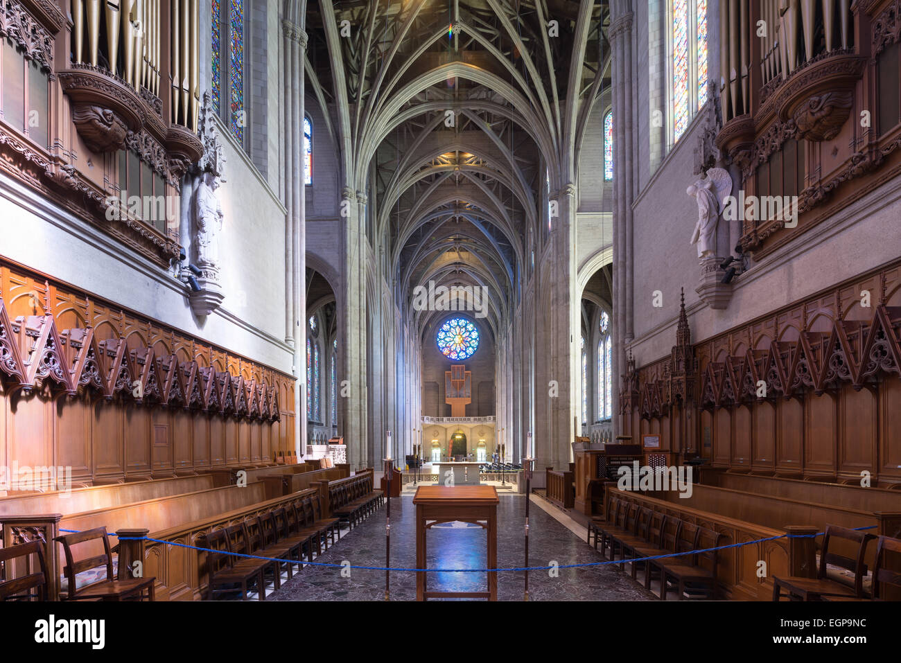 Vaulted ceiling and stained glass windows in Grace Cathedral, Nob Hill