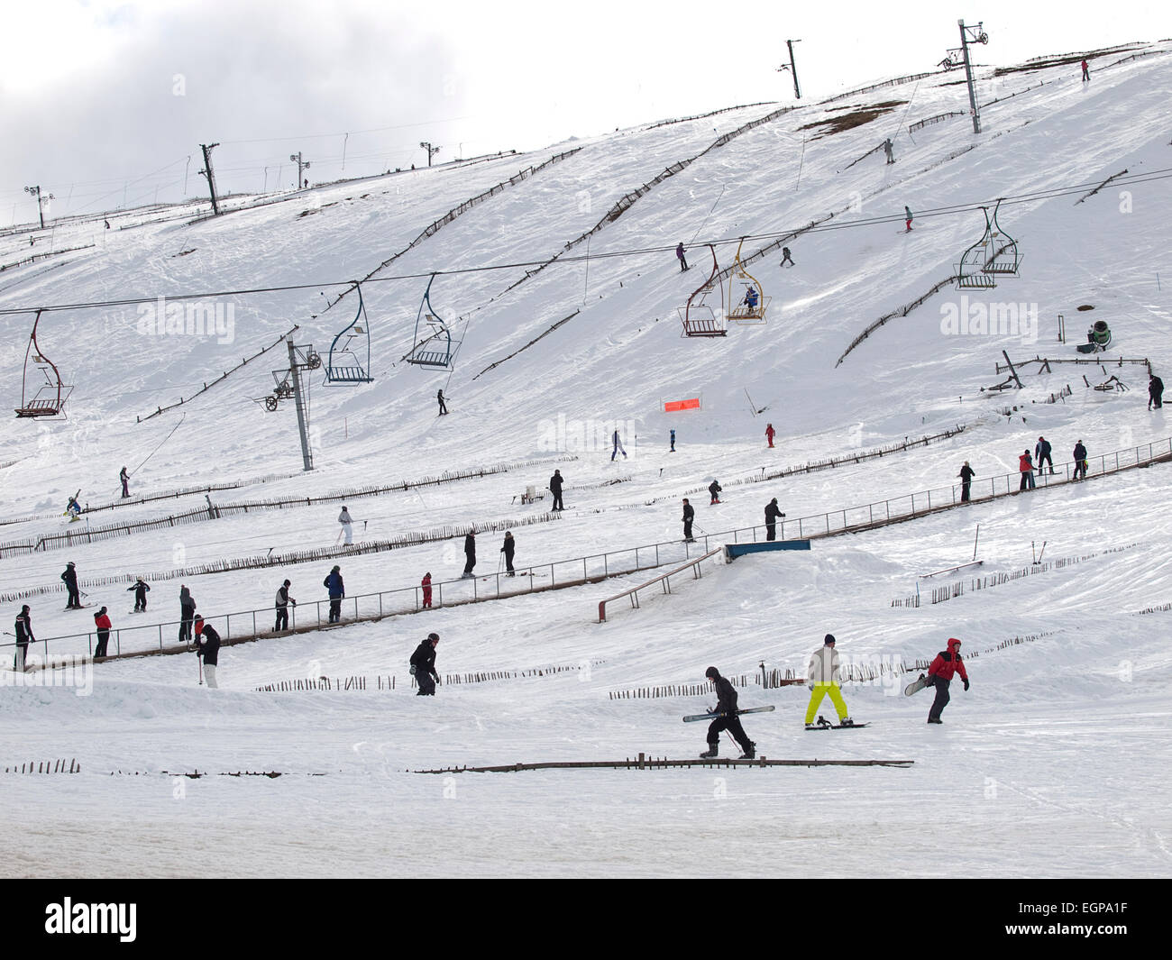 People using the ski lifts and runs at the ski area at The Lecht in Scotland. Stock Photo