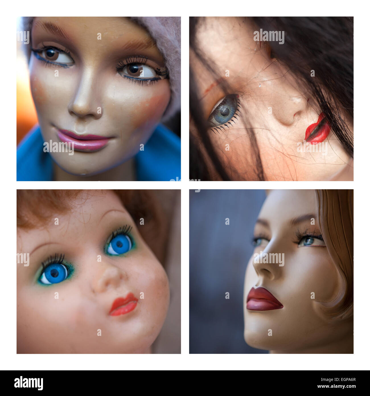 Collage of faces of dolls and mannequin Stock Photo