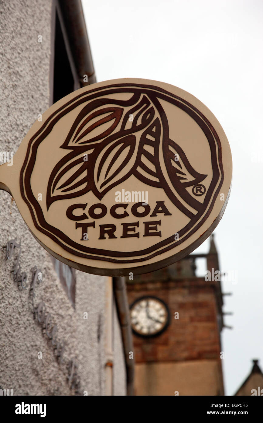 The Cocoa Tree Shop sign, run by artisan chocolatier Sophie Latini. Stock Photo