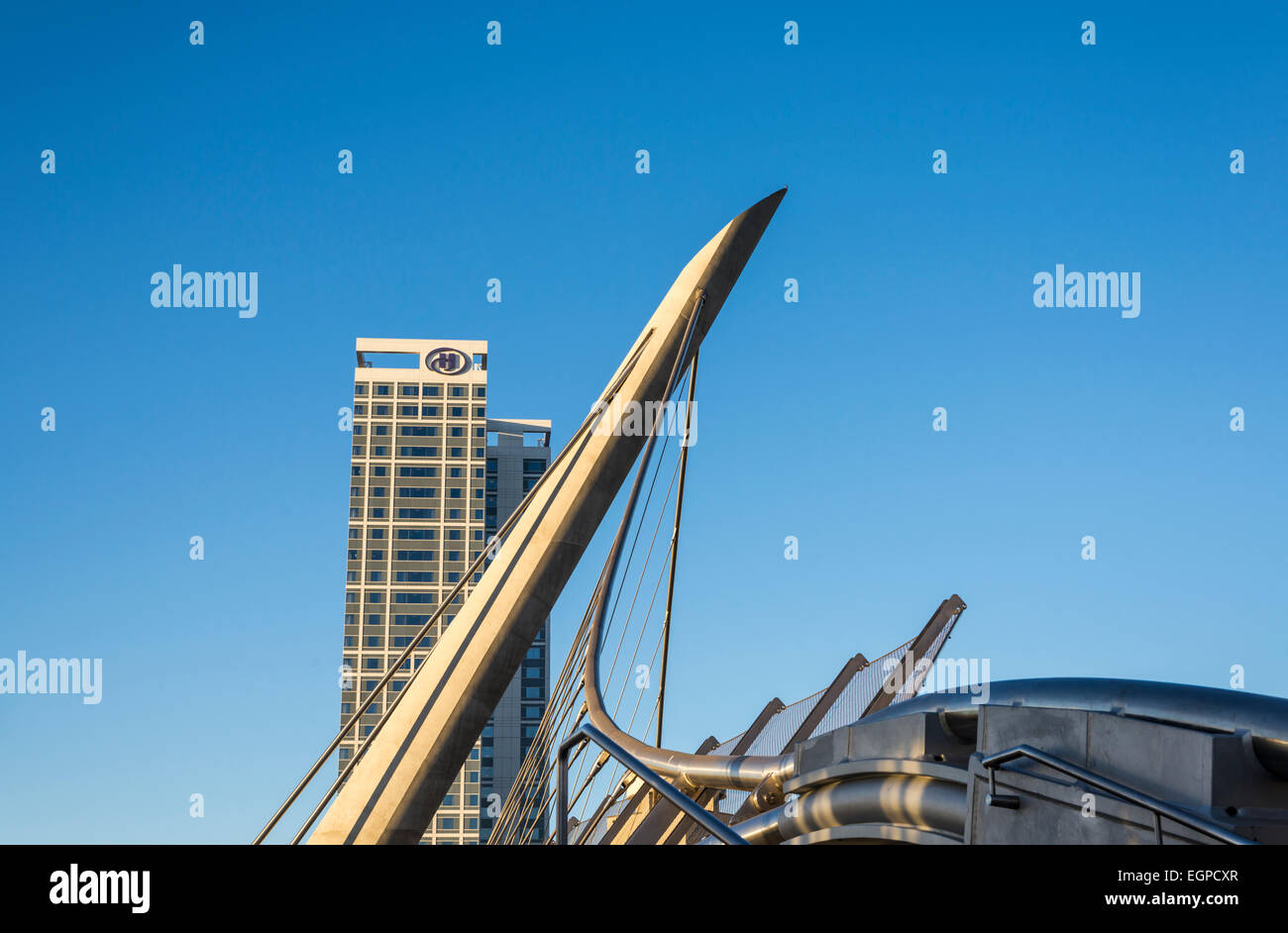 Concrete column of the Harbor Drive Pedestrian Bridge. Hilton San Diego Bayfront in the background. San Diego, California, USA. Stock Photo