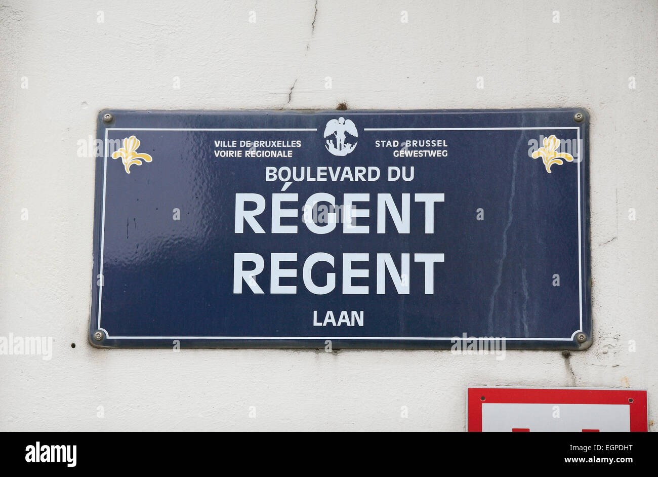 Typical street sign in Brussels, Belgium for Boulevard du Regent Stock