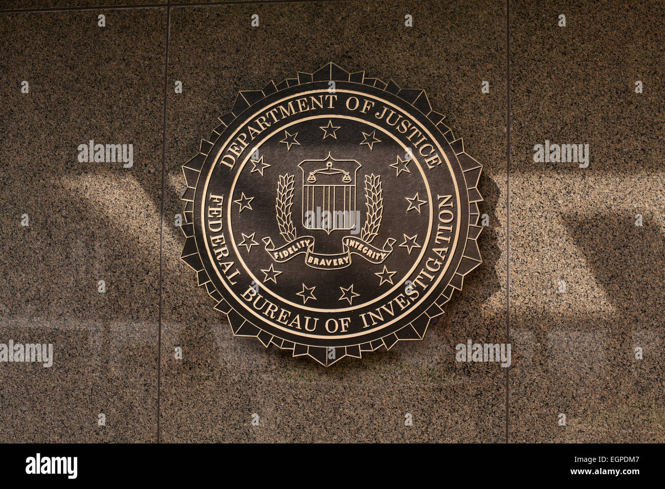 Seal of the Federal Bureau of Investigation (FBI) on the J. Edgar Hoover building in Washington D.C. Stock Photo