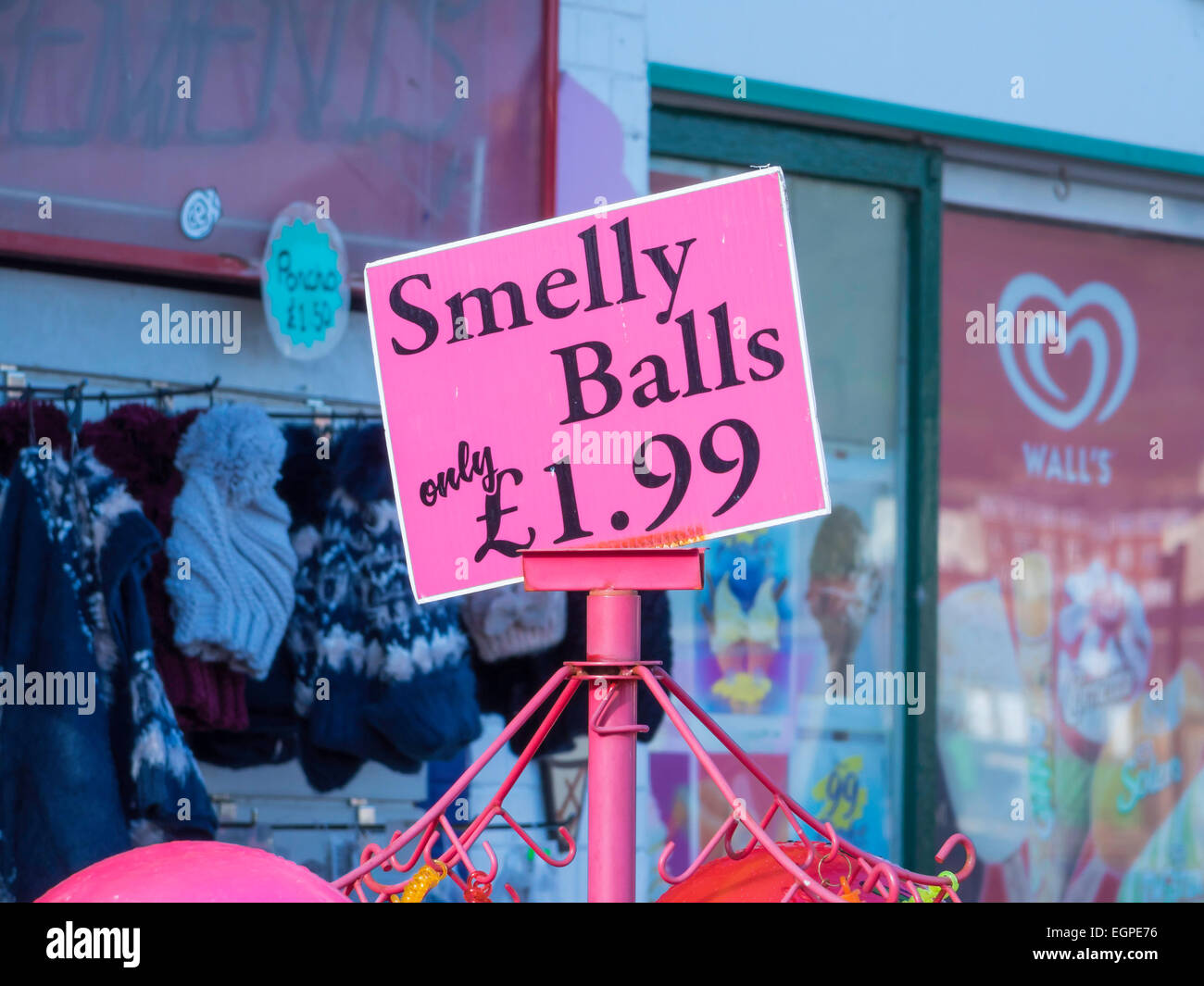 Smelly  novelty beach Balls on sale in the seaside resort of Scarborough North Yorkshire England UK Stock Photo