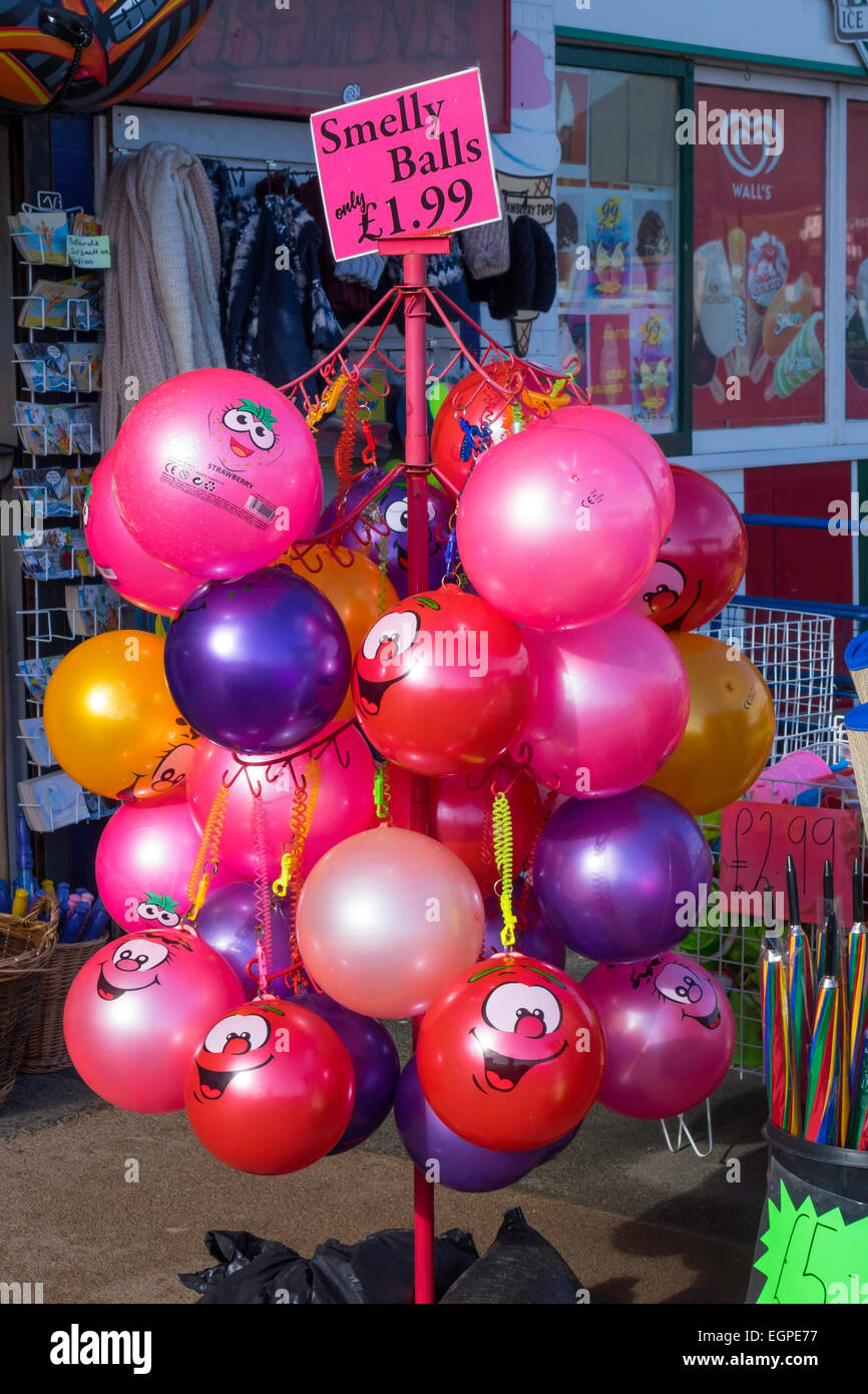 Smelly  novelty beach Balls on sale in the seaside resort of Scarborough North Yorkshire England UK Stock Photo