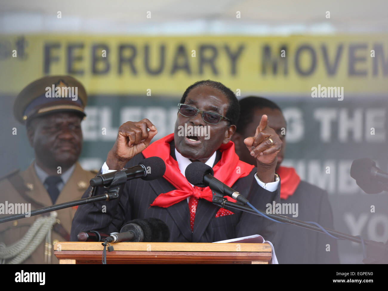 Victoria Falls, Zimbabwe. 28th February, 2015. Zimbabwean President Robert Mugabe addresses at a public celebration held to mark his 91st birthday in Victoria Falls, Zimbabwe, Feb. 28, 2015. Mugabe, who turns 91 this month, is the oldest leader in the world and one of the longest-serving African statesmen. Having ruled Zimbabwe for 35 years since independence, Mugabe was endorsed by the ruling ZANU-PF party as the sole candidate to contest at the age of 94 in the next presidential election in 2018. Credit:  Xinhua/Alamy Live News Stock Photo