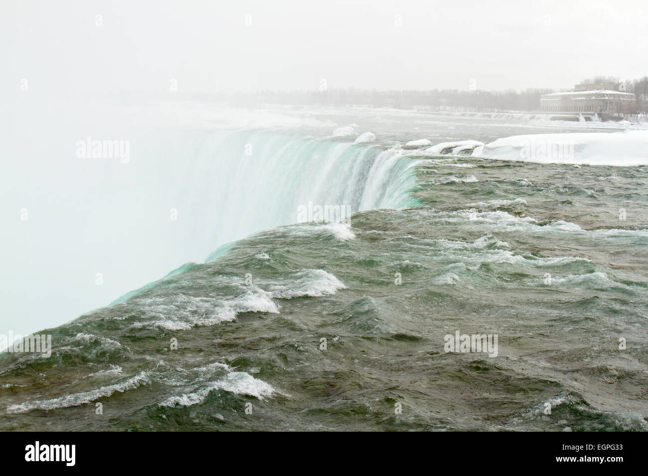 Top of the Horseshoe Falls with ice and snow during winter months at