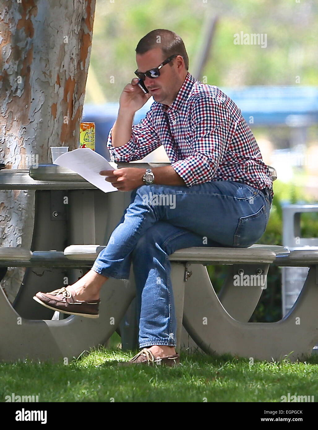 Chris O’Donnell sitting on a park bench in Los Angeles Featuring: Chris