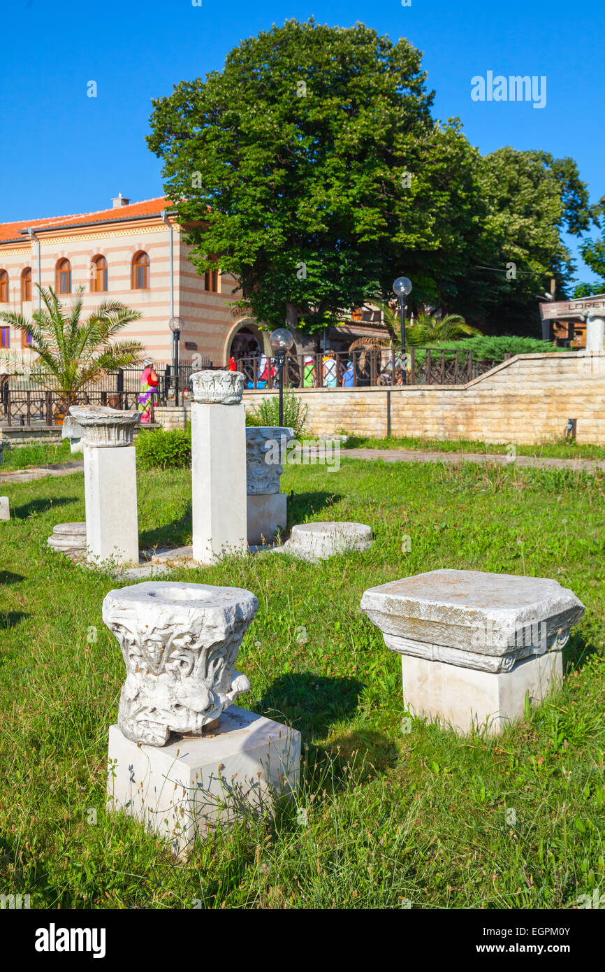 White stone ancient columns fragments in old Nessebar town, Bulgaria Stock Photo