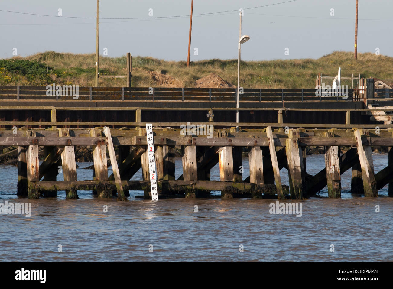 Jetty at Great Yarmouth with tide height marker Stock Photo Alamy