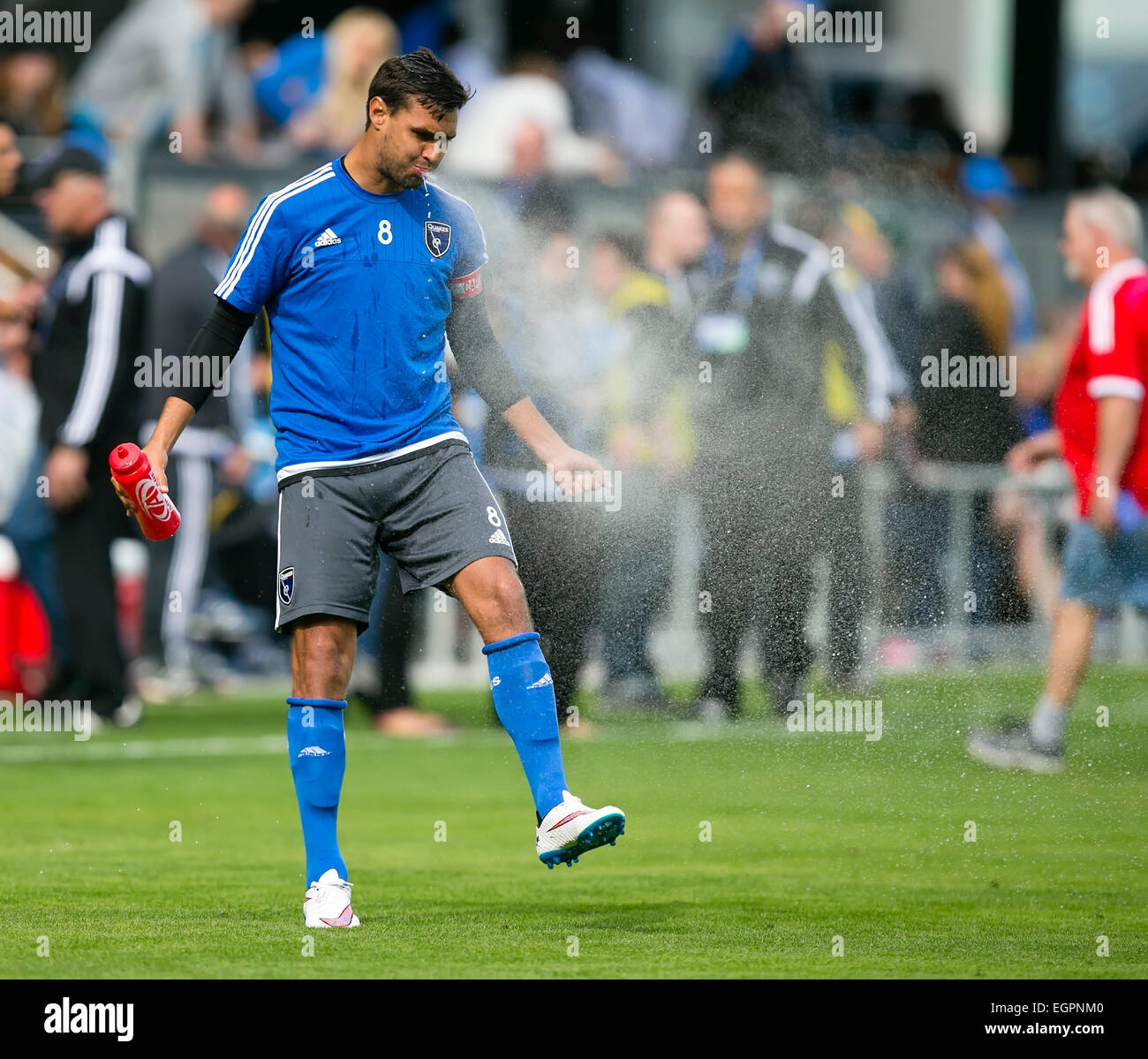 The Second Half. 18th Aug, 2013. San Jose Earthquakes forward Chris Wondolowski (8) spits water prior to the MLS soccer game between the San Jose Earthquakes and Los Angeles Galaxy at Avaya Stadium in San Jose, CA. The Earthquakes lead LA 2-1 in the second half. Damon Tarver/Cal Sport Media/Alamy Live News Stock Photo