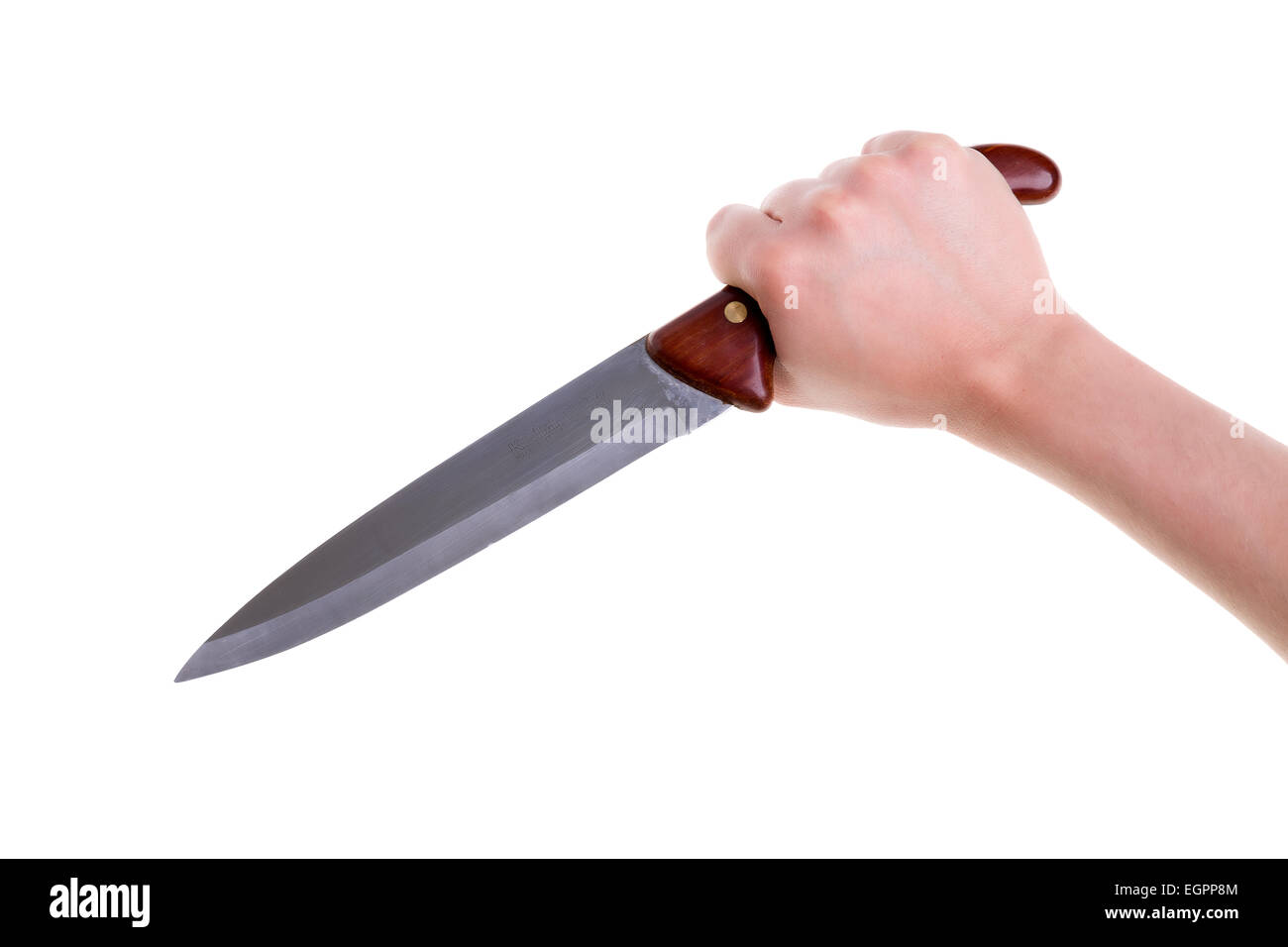 Female Hand Holding Sharp Knife on White Background Stock Photo