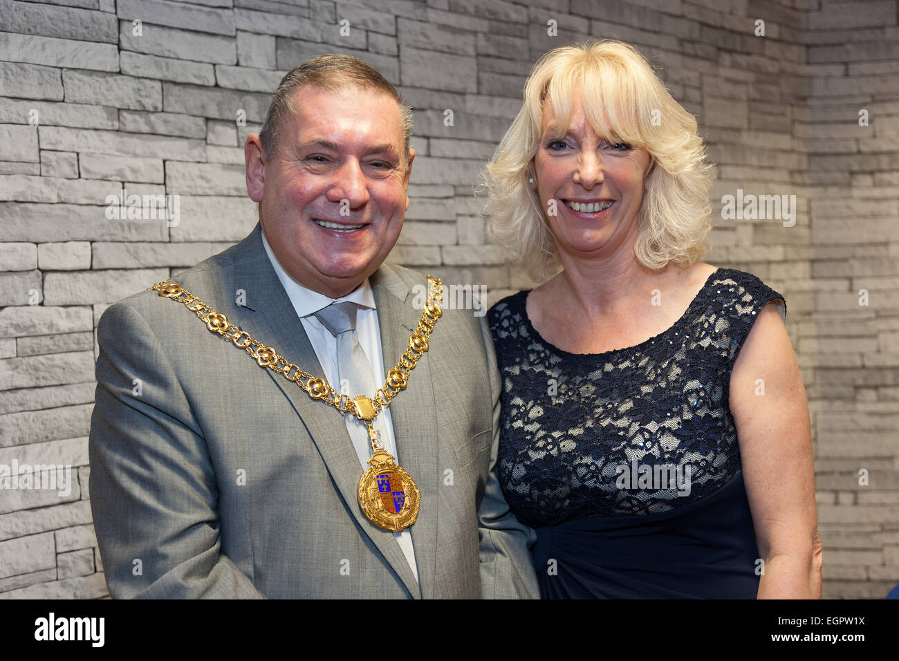 Walsall, West Midlands, UK. 28th February, 2015. Councillor Pete Smith Mayor of Walsall with Monica Price presenter of the Cuppa TV programme at the launch of the new Midlands television station. Big Centre TV is the new local television station for the Midlands – Birmingham, Walsall, Wolverhampton, Solihull and The Black Country. The channel went on air on Freeview channel 8 at 6pm on Saturday 28 February 2015. The station serves a potential audience of 2.3 million around Birmingham and the Black Country. Credit:  John Henshall/Alamy Live News PER0447 Stock Photo