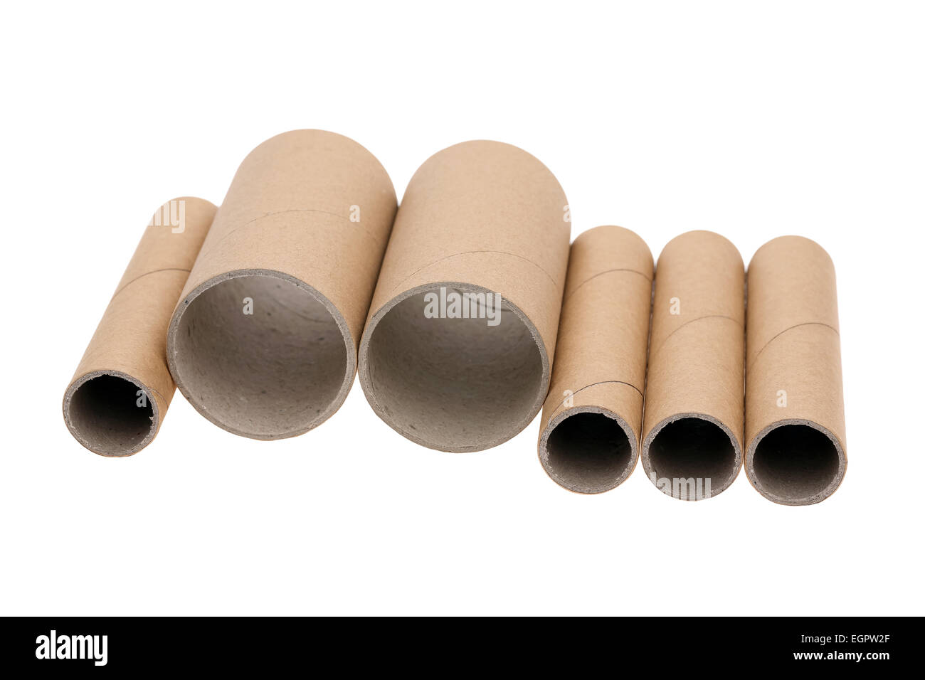 Row of cardboard cylinders on a white background Stock Photo