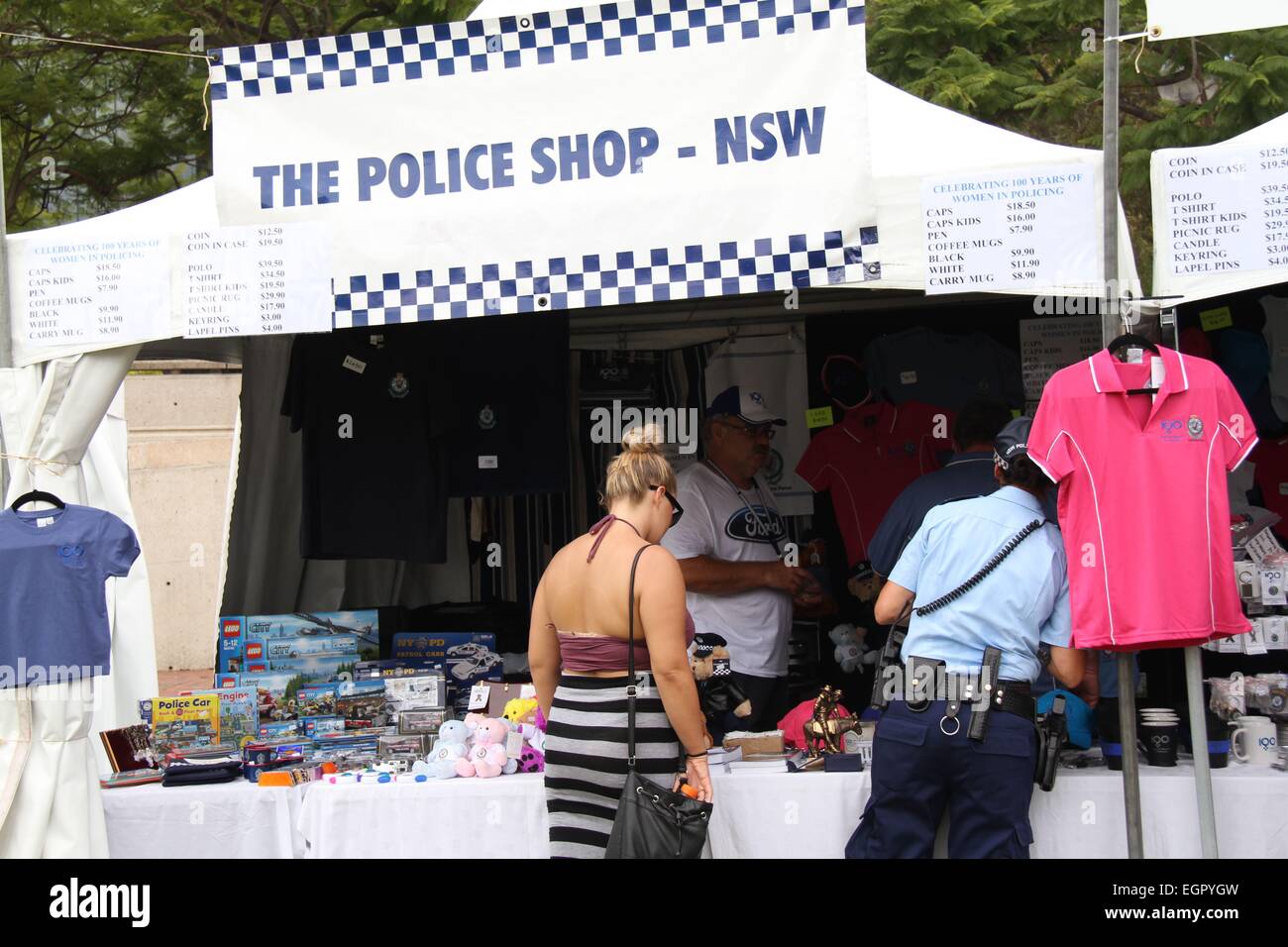 Sydney, Australia. 1 March 2015. In 1915, the first woman joined the NSW Police Force. An Expo at Tumbalong Park, Darling Harbour included interactive displays and performances by the police band. Pictured is the police shop. Credit: Richard Milnes/Alamy Live News Stock Photo