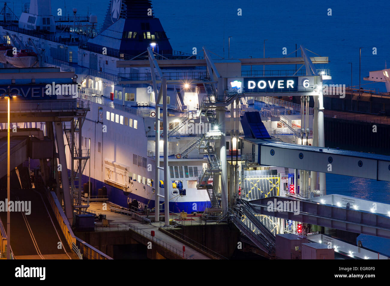 England, Dover. Docks, harbour. Nighttime. Car ferry berthed at Stock
