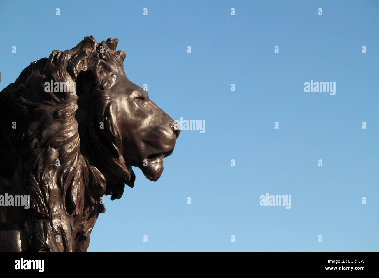 The face on one of the lions around the base of the (Queen) Victoria Memorial outside Buckingham Palace, London, UK. Stock Photo