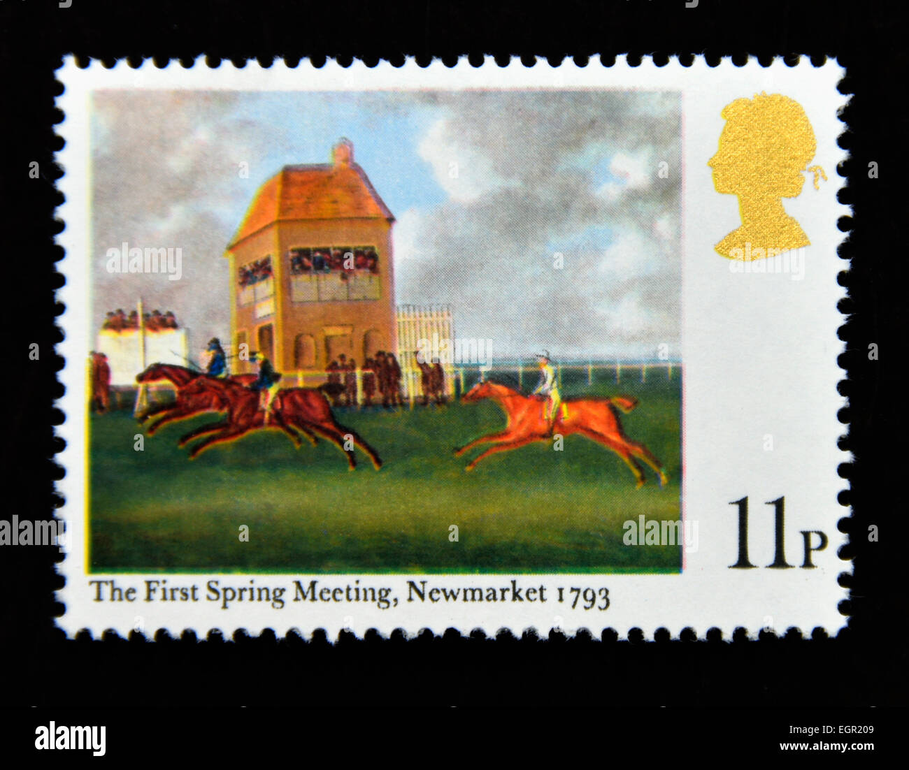 Postage stamp. Great Britain. Queen Elizabeth II. 1979. Horseracing Paintings. Bicentenary of the Derby. 11p. Stock Photo