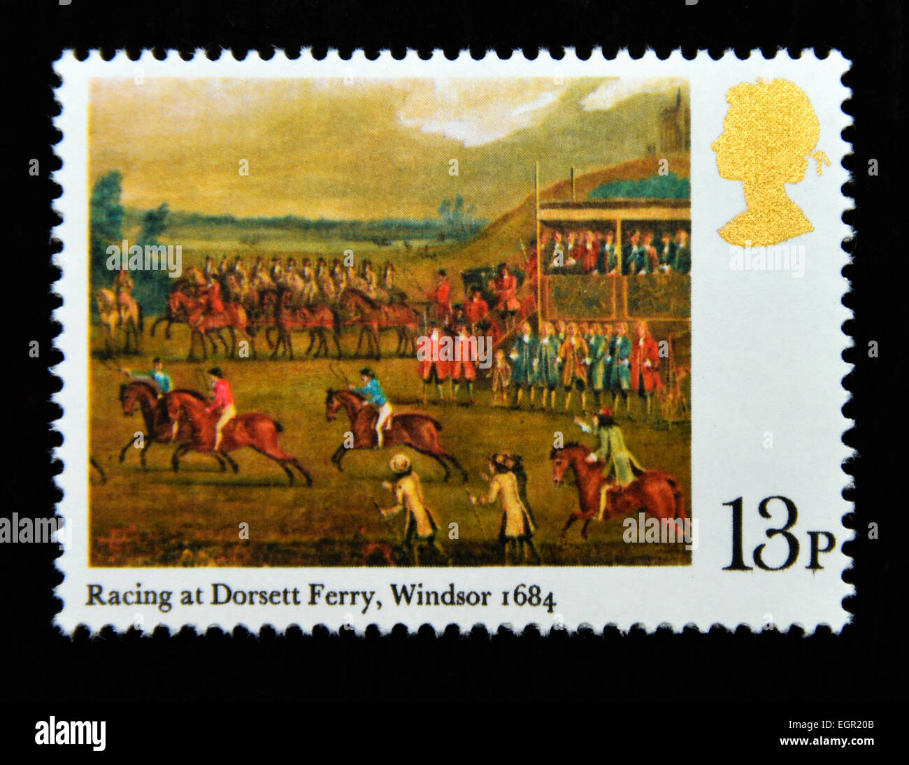 Postage stamp. Great Britain. Queen Elizabeth II. 1979. Horseracing Paintings. Bicentenary of the Derby. 13p. Stock Photo