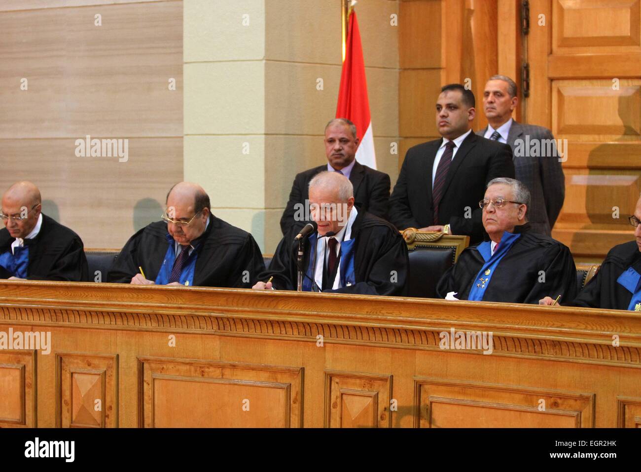 (150301) -- CAIRO, Mar. 1, 2015 (Xinhua) -- Vice President of the Supreme Constitutional Court Anwar Rashad al-Asi (3rd L) speaks during a session to look into electoral law at Egypt's Supreme Constitutional Court in Cairo, capital of Egypt, on March 1, 2015. Egypt's Supreme Constitutional Court on Sunday ruled an electoral law article which regulates the division of the electoral districts of the country's upcoming parliamentary elections as unconstitutional, a ruling that may delay the voting set for March 21, state-run Nile TV reported. (Xinhua/Ahmed Gomaa) Stock Photo