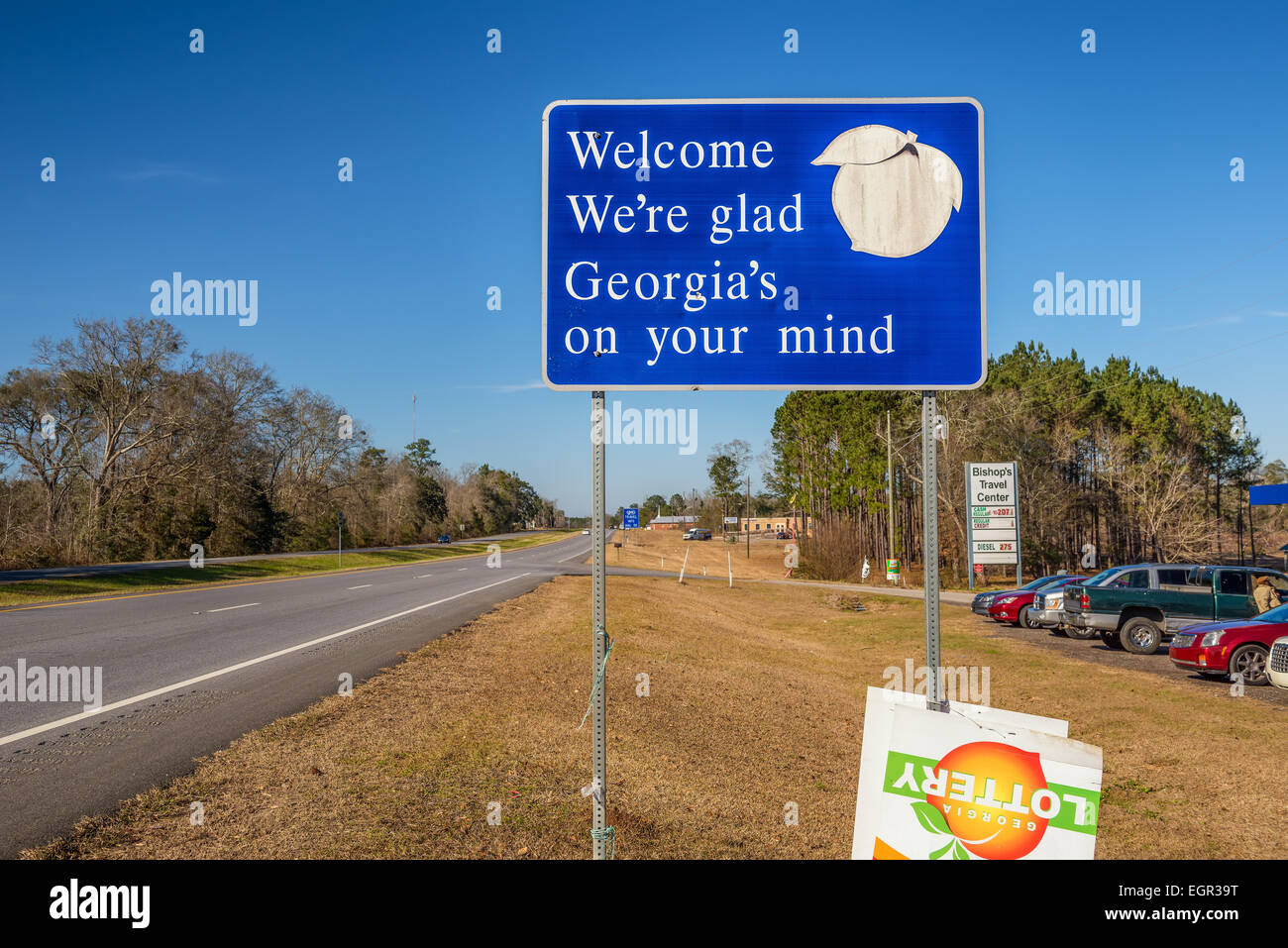 Welcome to Georgia Sign on US-27 highway, north of Tallahassee, Florida. Stock Photo