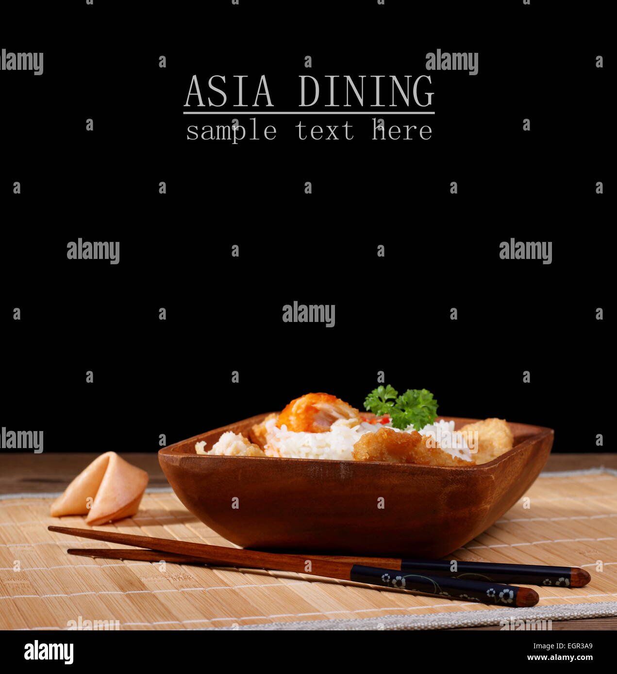 Rice, chicken meat and fortune cookie, space for your text Stock Photo